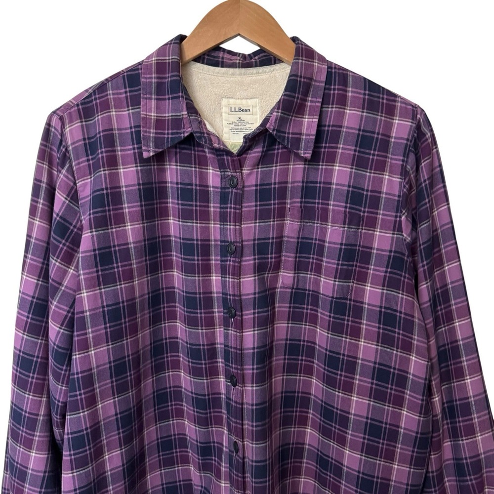 LL Bean Womens Purple Navy White Plaid Fleece Lined Flannel Shacket Jacket XL - Picture 3 of 11